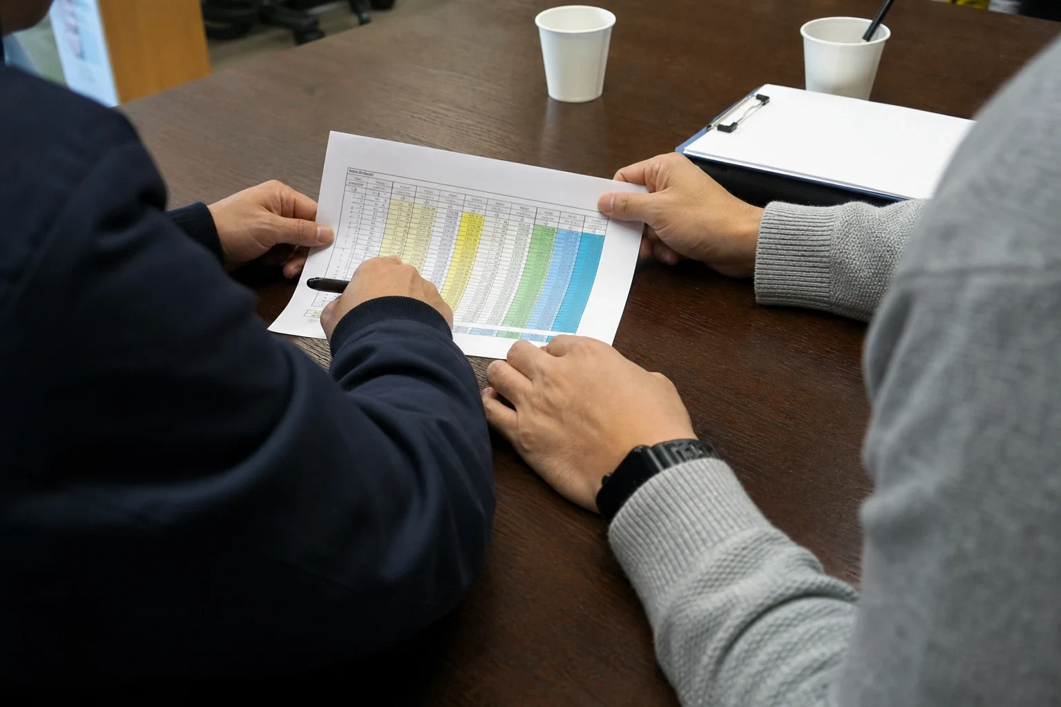 Two people at a wooden conference table review a printed table of color-coded figures, one pointing with a pen, beside a clipboard and paper cups