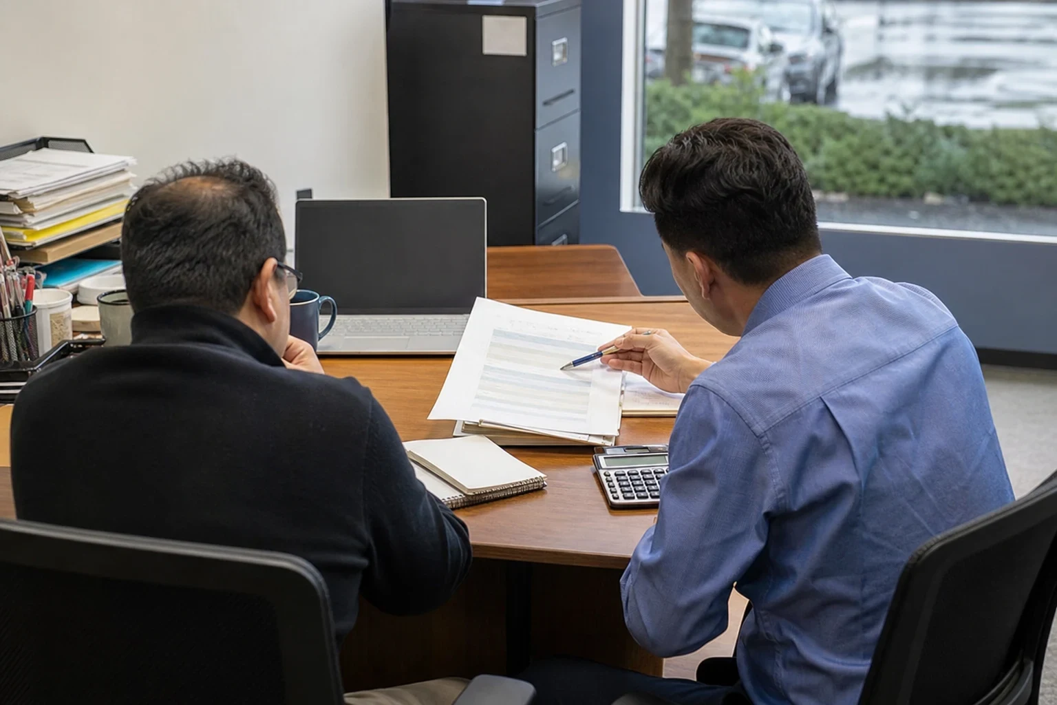 Two men seen from behind at an office desk reviewing a printed statement with a pen, with a calculator, notebook, laptop and filing cabinet nearby